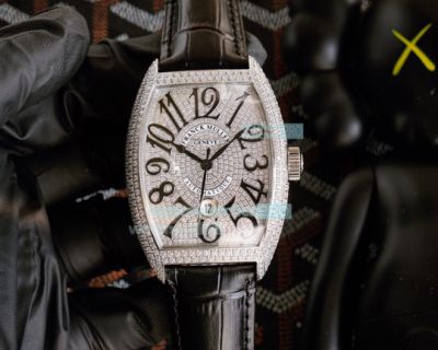 Swiss Replica Franck Muller Complications Full Diamond Black Leather Strap Watch